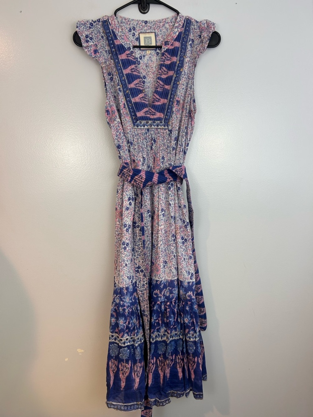 Bell By Alicia Bell Silk Blend Floral Pink/Blue/Gold Boho Midi Dress Medium